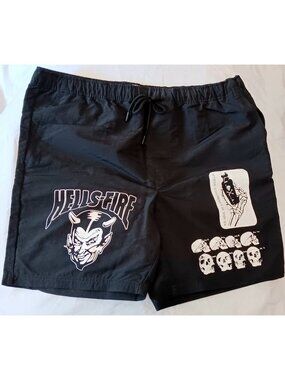 VITRIOL Board Shorts XL Black Goth Punk Y2K Devil Skulls Drawstring Swimsuit